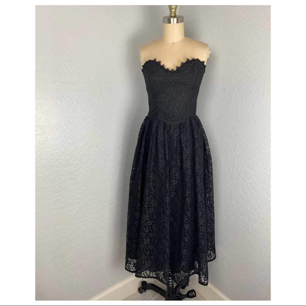 Vintage Gunne Sax Black Lace Goth Strapless Dress